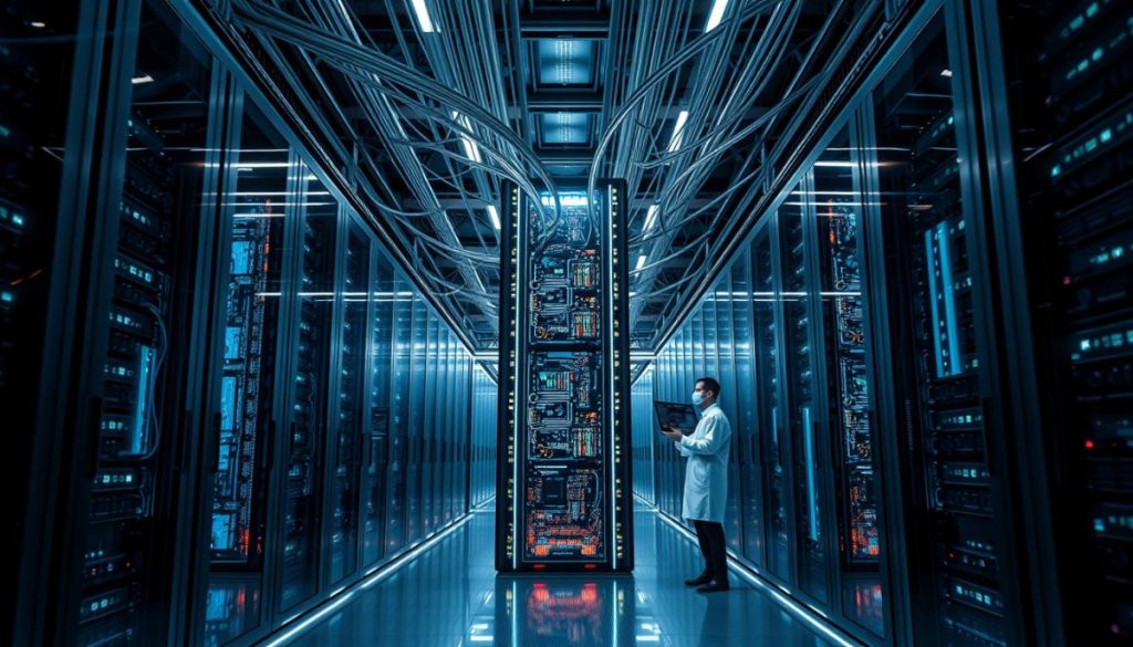 A Sleek, Futuristic Data Center Adorned With Gleaming Server Racks, Their Inner Workings Visible Through Tempered Glass Panels. Overhead, A Network Of Fiber Optic Cables Criss-Cross The Space, Pulsing With The Flow Of Digital Information. In The Center, A Towering Ai Inference Engine Hums With Activity, Its Intricate Architecture Optimized For Lightning-Fast Processing. The Air Is Charged With An Atmosphere Of Technological Innovation, As Engineers In Lab Coats Meticulously Monitor The System'S Performance Metrics On Holographic Displays. Subtle Lighting Casts Dramatic Shadows, Highlighting The Cutting-Edge Hardware And The Sheer Scale Of The Operation. This Image Conveys The Power And Efficiency Of Advanced Ai Inference At The Forefront Of Modern Computing.