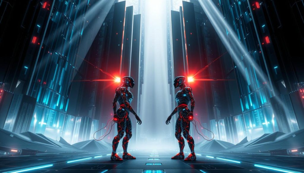 A Sleek, Futuristic Digital Landscape Unfolds, With Towering Monoliths Of Gleaming Chrome And Iridescent Panels That Intertwine, Representing The Convergence Of Artificial Intelligence And Modern Technology. Beams Of Light Sweep Across The Scene, Casting Dynamic Shadows And Highlighting The Intricate Interplay Of Digital Elements. In The Foreground, Two Ai-Powered Constructs, Gpt And Deepseek, Stand Face-To-Face, Their Forms Composed Of Intricate Circuitry And Pulsing Energy Fields, Signifying The Clash Of Cutting-Edge Ai Systems. The Atmosphere Is One Of Awe-Inspiring Innovation, Where The Boundaries Between The Physical And Digital Realms Blur, Setting The Stage For An Epic Ai Showdown. A Sleek, Futuristic Digital Landscape Unfolds, With Towering Monoliths Of Gleaming Chrome And Iridescent Panels That Intertwine, Representing The Convergence Of Artificial Intelligence And Modern Technology. Beams Of Light Sweep Across The Scene, Casting Dynamic Shadows And Highlighting The Intricate Interplay Of Digital Elements. In The Foreground, Two Ai-Powered Constructs, Gpt And Deepseek, Stand Face-To-Face, Their Forms Composed Of Intricate Circuitry And Pulsing Energy Fields, Signifying The Clash Of Cutting-Edge Ai Systems. The Atmosphere Is One Of Awe-Inspiring Innovation, Where The Boundaries Between The Physical And Digital Realms Blur, Setting The Stage For An Epic Ai Showdown.