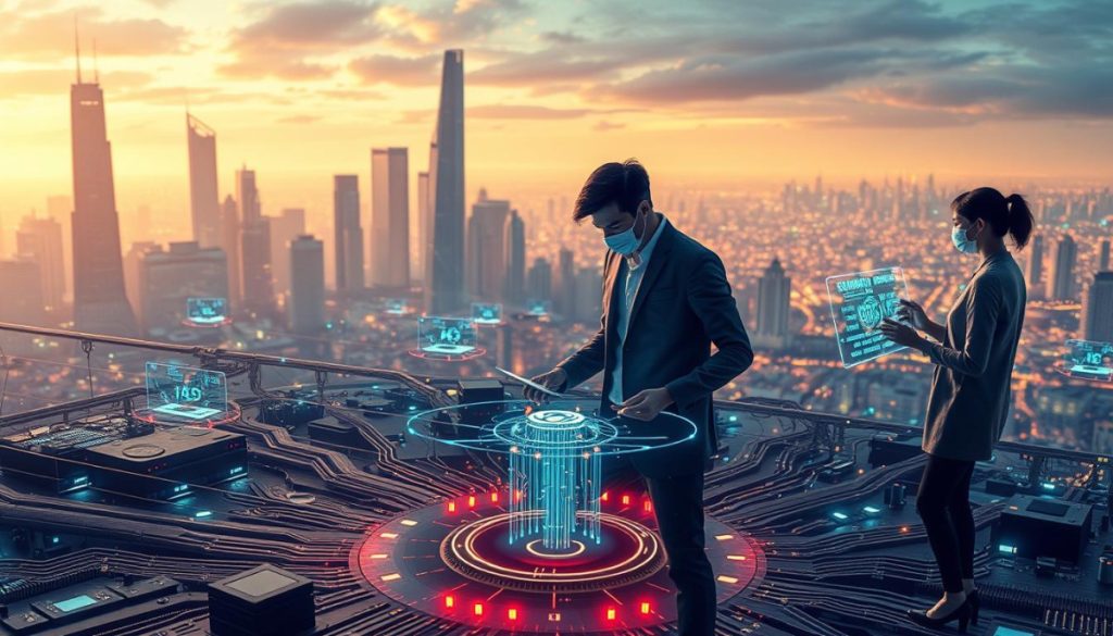 A Sleek, Futuristic Digital Landscape With A Central Hub Of Interconnected Data Streams And Glowing Circuit Boards. In The Foreground, A Trio Of Individuals Interact With Holographic Interfaces, Customizing Intricate Algorithms And Ai Models. Warm Lighting Casts An Ethereal Glow, While The Background Reveals A Cityscape Of Towering Skyscrapers And A Vibrant, Ever-Changing Digital Tapestry. The Scene Conveys A Sense Of Innovation, Technological Mastery, And The Seamless Integration Of Custom-Tailored Digital Strategies To Drive Business Transformation.