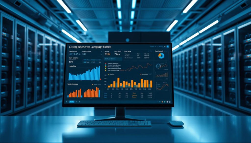 A Sleek Futuristic Interface Showcasing A Comprehensive Benchmark Analysis Of Cutting-Edge Large Language Models. The Scene Features A Minimalist Desktop Setup With A High-Resolution Display In The Foreground, Showcasing Detailed Performance Metrics And Comparative Charts. The Middle Ground Reveals A Well-Organized Data Visualization Dashboard, With Clean Typography And Intuitive Iconography. In The Background, A Dimly Lit Server Room Sets The Tone, Hinting At The Computational Power Underlying These Advanced Ai Systems. Soft Blue Lighting And Reflective Surfaces Create A Sense Of Technological Sophistication, While The Overall Composition Conveys A Balance Of Analytical Depth And Elegant Design.