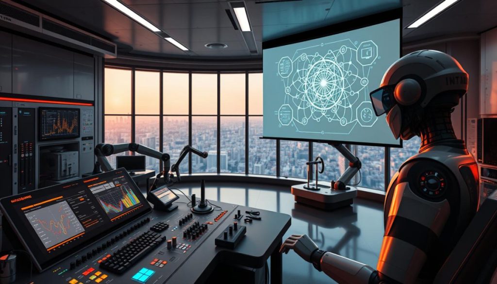 A Sleek, Futuristic Laboratory Setting With Advanced Machine Learning Models And Data Visualization Tools. In The Foreground, A State-Of-The-Art Ai Training Console With An Array Of Interactive Displays, Knobs, And Holographic Interfaces. In The Middle Ground, High-Tech Robotic Arms Manipulate Complex Data Structures, While A Large, Curved Projection Screen Displays Intricate Neural Network Diagrams. The Background Features Floor-To-Ceiling Windows Overlooking A Sprawling Cityscape, Bathed In A Warm, Cinematic Lighting That Conveys A Sense Of Progress And Innovation. The Overall Atmosphere Is One Of Cutting-Edge Technology, Scientific Exploration, And The Boundless Possibilities Of Artificial Intelligence. A Sleek, Futuristic Laboratory Setting With Advanced Machine Learning Models And Data Visualization Tools. In The Foreground, A State-Of-The-Art Ai Training Console With An Array Of Interactive Displays, Knobs, And Holographic Interfaces. In The Middle Ground, High-Tech Robotic Arms Manipulate Complex Data Structures, While A Large, Curved Projection Screen Displays Intricate Neural Network Diagrams. The Background Features Floor-To-Ceiling Windows Overlooking A Sprawling Cityscape, Bathed In A Warm, Cinematic Lighting That Conveys A Sense Of Progress And Innovation. The Overall Atmosphere Is One Of Cutting-Edge Technology, Scientific Exploration, And The Boundless Possibilities Of Artificial Intelligence.