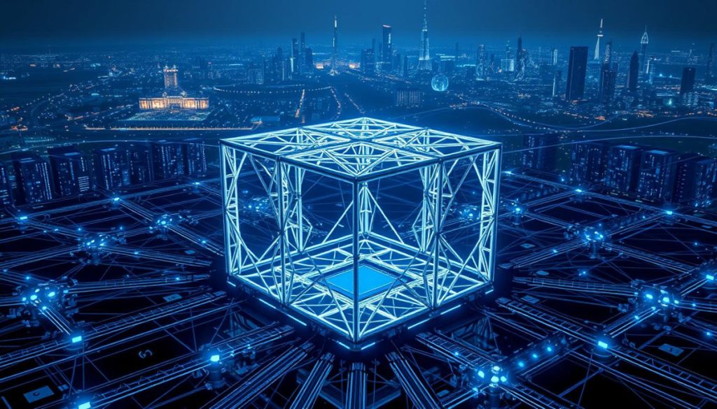 A Sleek, Futuristic Landscape Featuring A Central, Glowing Framework Structure Surrounded By A Network Of Interconnected Digital Systems. The Framework Is Constructed From Intricate, Metallic Lattices, Bathed In Cool, Blue-Tinted Lighting That Casts Dynamic Shadows. In The Background, A Cityscape Of Towering Skyscrapers And Data Centers Stretches Out, Hinting At The Broader Digital Ecosystem. The Overall Scene Conveys A Sense Of Technological Sophistication, Security, And Resilience, Aligning With The Concept Of The Eu Digital Operational Resilience Act.