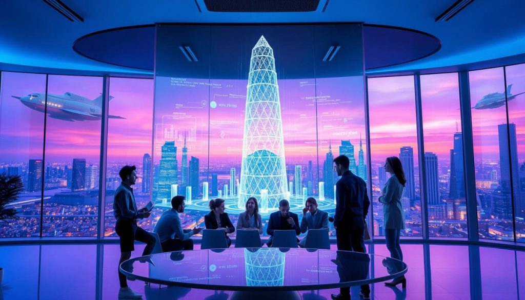 A Sleek, Futuristic Office Environment With A Holographic Projection Screen Showcasing A Dynamic Pr Platform Strategy. Soft Blue And Purple Lighting Creates An Immersive, High-Tech Atmosphere. In The Foreground, A Team Of Professionals In Smart Business Attire Collaborates Around A Curved Glass Table, Their Expressions Intent As They Analyze Data And Strategize. The Middle Ground Features A Towering, Crystalline Data Visualization, Its Intricate Lattice-Work Pulsing With Information. In The Background, Floor-To-Ceiling Windows Offer A Panoramic View Of A Bustling, Technologically-Advanced Cityscape, Skyscrapers And Hovercraft Silhouetted Against A Vibrant, Gradient Sky.