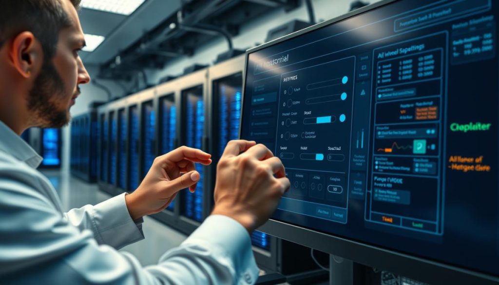 A Sleek Laboratory Workspace With A Large Monitor Displaying An Interactive Ai Model Customization Interface. The User'S Hands Are Shown Carefully Adjusting Various Sliders And Parameters, Fine-Tuning The Model'S Capabilities. Soft, Directional Lighting Highlights The Concentration On Their Face As They Meticulously Tweak The Settings. In The Background, A Row Of High-Powered Servers And Advanced Hardware Hum With Activity, Supporting The Complex Deep Learning Algorithms. The Overall Scene Conveys A Sense Of Precision, Technical Mastery, And The Iterative Process Of Optimizing An Ai System For A Specific Task Or Application.