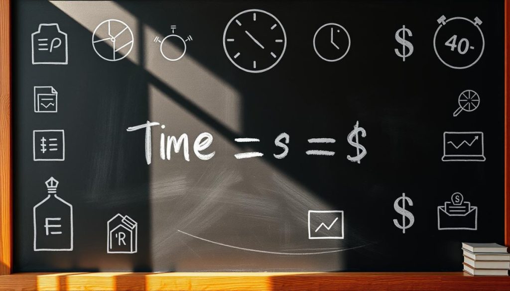 A Sleek, Minimalist Chalkboard Displaying The Time Value Of Money Formula In Crisp, Chalk-White Lettering. The Formula Is Prominently Centered, Surrounded By A Neatly Organized Arrangement Of Icons And Visual Cues, Such As A Clock, Dollar Signs, And Simple Geometric Shapes, All Bathed In Warm, Natural Lighting That Accentuates The Textural Quality Of The Chalkboard Surface. The Overall Composition Conveys A Sense Of Clarity, Precision, And The Power Of This Fundamental Financial Concept.