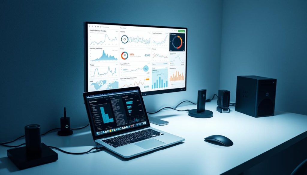 A Sleek, Minimalist Desktop Setup With A Laptop, External Monitor, And Various Peripherals. The Screen Displays Intricate Graphs, Charts, And Visual Analytics Tracking Computational Resource Usage, Energy Consumption, And Carbon Emissions. Soft, Diffused Lighting Illuminates The Scene, Creating A Contemplative Atmosphere. The Composition Emphasizes The Interplay Between Technology And Environmental Impact, Inviting The Viewer To Consider The Hidden Costs Of Ai. Realistic Textures, Clean Lines, And A Muted Color Palette Lend An Authoritative, Professional Feel To The Image.