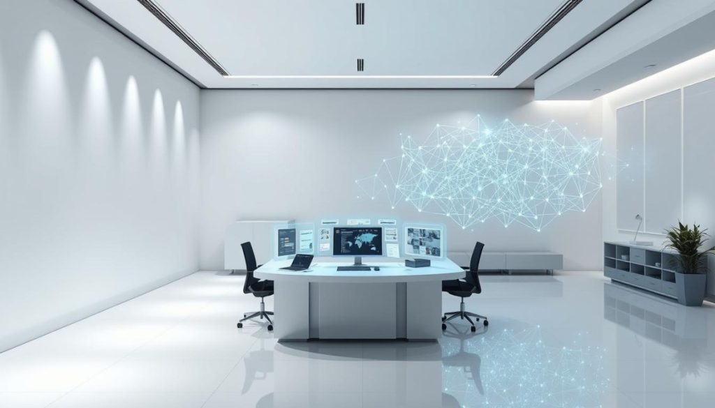 A Sleek, Minimalist Office Setting With A Central Workstation Showcasing An Advanced Data Organization System. Soft, Directional Lighting Illuminates The Clean, White Surfaces And Holographic Interfaces. In The Background, A Complex Algorithm Visualizer Displays Intricate Lines And Shapes, Symbolizing The Automated Classification And Analysis Of Documents. The Overall Atmosphere Is One Of Efficiency, Precision, And Technological Sophistication, Reflecting The Power And Benefits Of Document Classification Ai.