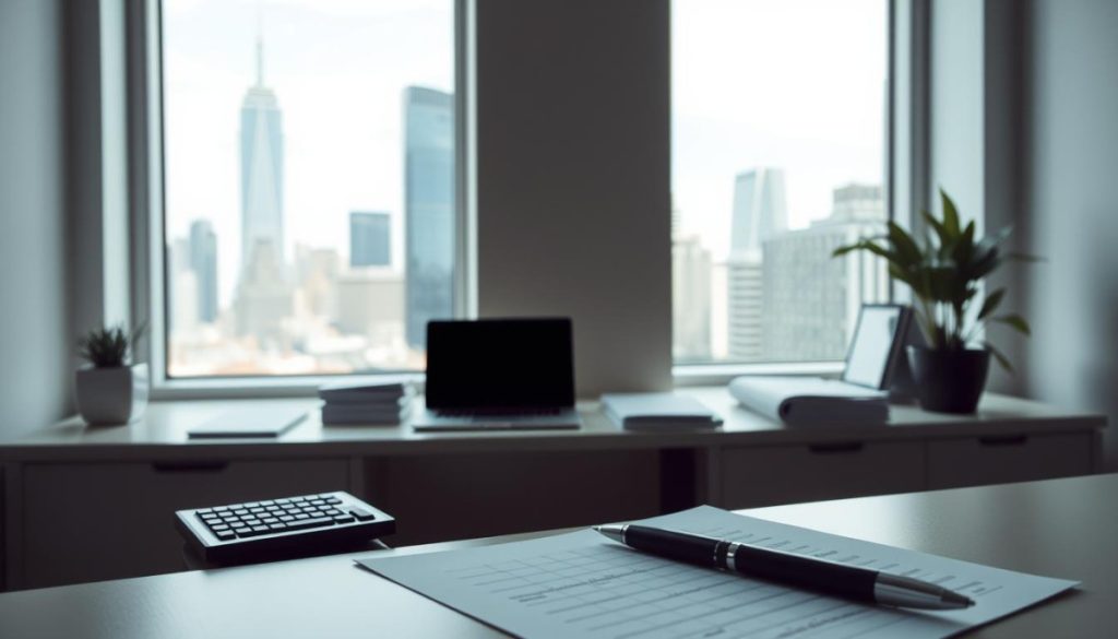 A Sleek, Minimalist Office Setting With A Large, Airy Window Overlooking A City Skyline. On The Desk, A Laptop, A Few Well-Organized Files, And A Simple Calculator. The Lighting Is Soft And Natural, Creating A Calming Atmosphere. In The Foreground, A Pen And Paper, Symbolizing The Process Of Financial Simplification. The Overall Scene Conveys A Sense Of Clarity, Organization, And Efficiency, Reflecting The &Quot;Key Strategies For Complex Finance Simplification&Quot; Concept.