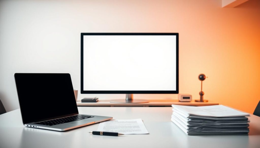 A Sleek, Minimalist Workspace With A Centered Desk And Clean Lines. The Foreground Features A Laptop, Pen, And A Neatly Stacked Pile Of Papers, Conveying A Sense Of Organized, Streamlined Brand Messaging. The Middle Ground Showcases A Large, High-Resolution Monitor Displaying A Simple, Impactful Visual Design In Muted Tones. The Background Is A Soft, Blurred Gradient, Drawing The Viewer'S Eye To The Central Elements. Warm, Directional Lighting Casts Subtle Shadows, Creating Depth And A Professional, Polished Atmosphere. The Overall Scene Suggests A Refined, Audience-Tailored Approach To Brand Communication.