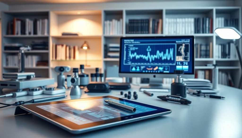 A Sleek, Minimalist Workspace With An Array Of Cutting-Edge Research Tools And Instruments. Soft, Diffused Lighting Casts A Warm Glow, Creating An Atmosphere Of Professional Focus And Intellectual Inquiry. Foreground Features A State-Of-The-Art Digital Tablet, Stylus, And High-Resolution Monitor Displaying Complex Data Visualizations. Midground Showcases Various Diagnostic Sensors, Digital Calipers, And Other Precision Measurement Devices. Background Reveals An Elegant Bookshelf Filled With Medical Journals And Academic Texts, Hinting At The Depth Of Knowledge Underpinning This Integrative Care Research Setup. The Overall Scene Conveys A Sense Of Innovative, Evidence-Based Practice Dedicated To Advancing Alternative Medicine As A Respected Field Of Study.