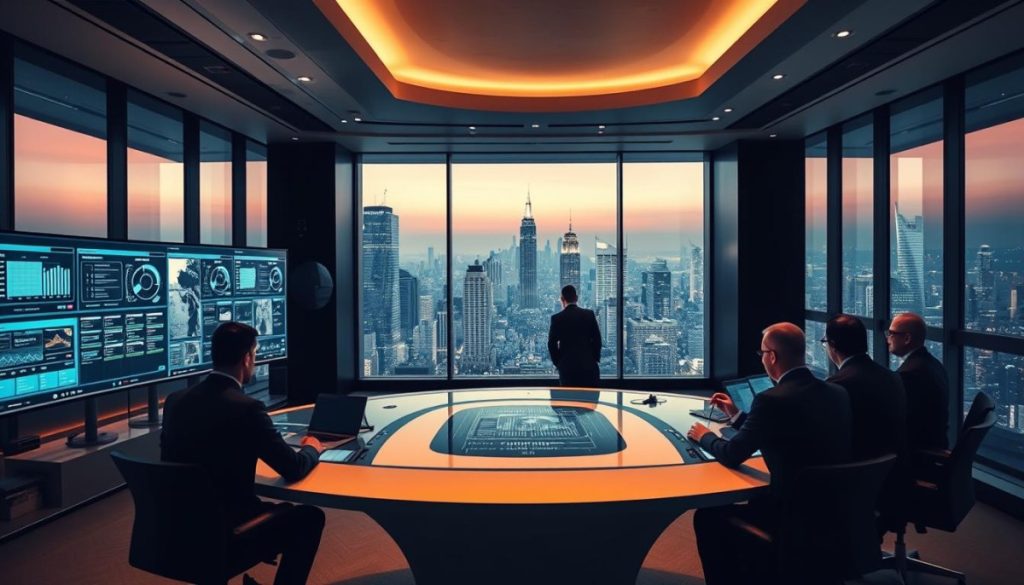 A Sleek, Modern Corporate Office Interior, With Floor-To-Ceiling Windows Offering A Panoramic View Of A Bustling City Skyline. In The Foreground, A High-Tech Control Center Features A Curved, Illuminated Display Panel Showcasing Real-Time Data And Analytics, Surrounded By A Team Of Professionals In Tailored Suits, Deeply Engaged In Monitoring And Managing Complex Systems. The Middle Ground Is Dominated By A Large, Sculptural Conference Table, Where Executives Are Gathered, Discussing Strategies And Policies For Governing Ai-Powered, High-Risk Systems. The Background Is Bathed In A Warm, Sophisticated Lighting Scheme, Creating A Sense Of Gravitas And Authority. The Overall Atmosphere Conveys A Heightened Sense Of Responsibility And Vigilance, As The Team Grapples With The Weighty Challenges Of Ensuring Ai Compliance And Ethical Deployment.