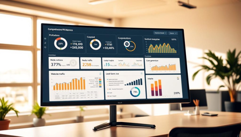 A Sleek, Modern Dashboard Displaying Comprehensive Pr Metrics On A High-Resolution Display. The Foreground Features A Clean, Minimalist Interface With Neatly Organized Charts, Graphs, And Data Visualizations Tracking Key Performance Indicators Such As Media Mentions, Sentiment Analysis, Website Traffic, And Lead Generation. The Middle Ground Showcases A Professional, Well-Lit Office Setting With A Large, Curved Monitor Mounted On An Adjustable Desk. The Background Depicts A Warm, Sunlit Room With Floor-To-Ceiling Windows, Providing A Serene And Productive Atmosphere. The Overall Scene Conveys A Sense Of Data-Driven Decision-Making And Strategic Pr Optimization. A Sleek, Modern Dashboard Displaying Comprehensive Pr Metrics On A High-Resolution Display. The Foreground Features A Clean, Minimalist Interface With Neatly Organized Charts, Graphs, And Data Visualizations Tracking Key Performance Indicators Such As Media Mentions, Sentiment Analysis, Website Traffic, And Lead Generation. The Middle Ground Showcases A Professional, Well-Lit Office Setting With A Large, Curved Monitor Mounted On An Adjustable Desk. The Background Depicts A Warm, Sunlit Room With Floor-To-Ceiling Windows, Providing A Serene And Productive Atmosphere. The Overall Scene Conveys A Sense Of Data-Driven Decision-Making And Strategic Pr Optimization.