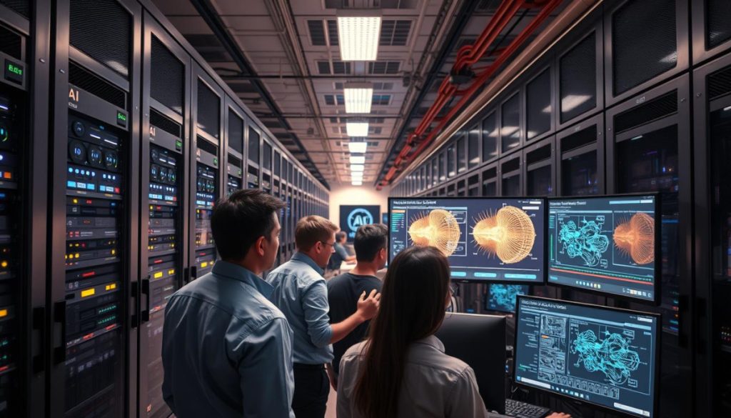 A Sleek, Modern Data Center Filled With Rows Of Powerful Servers, Their Cooling Fans Whirring And Led Lights Blinking. In The Foreground, A Team Of Ai Engineers Intently Studying The Latest Deep Learning Models Displayed On Large, High-Resolution Monitors. The Atmosphere Is One Of Focused Intensity, With The Engineers Collaborating And Discussing The Complex Algorithms That Power The Next Generation Of Intelligent Applications. The Lighting Is A Combination Of Warm, Directional Task Lighting And Cool, Ambient Illumination, Creating A Balanced, Professional Ambiance. The Scene Is Captured From A Slightly Elevated Angle, Conveying A Sense Of Authority And Insight Into The Inner Workings Of This State-Of-The-Art Deep Learning Research And Development Hub.