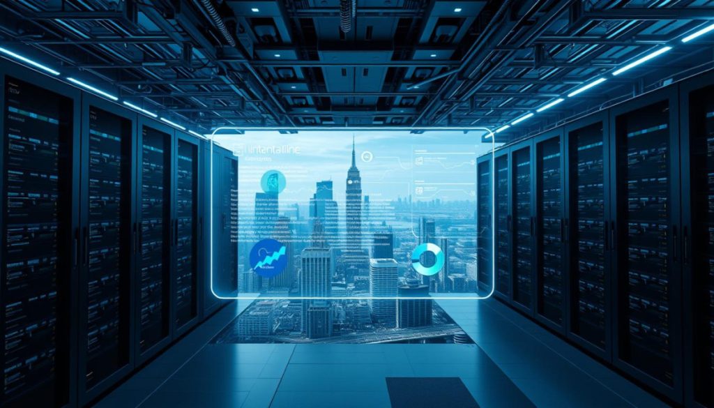 A Sleek, Modern Data Processing Hub With Ai-Powered Language Analysis Technology At Its Core. In The Foreground, A Holographic Display Showcases Real-Time Text Analytics, Sentiment Detection, And Natural Language Processing. Overhead, A Network Of Interconnected Servers Hums With Computational Power, Bathed In A Cool, Blue-Tinged Light. In The Background, A Sprawling Cityscape Of Gleaming Skyscrapers And Futuristic Architecture Sets The Stage For This Advanced, Ai-Driven Database Solution.