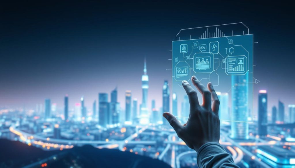 A Sleek, Modern Digital Landscape With A Central Figure Representing The Digital Customer Experience. In The Foreground, A Person Interacts With A Holographic Interface, Their Hands Gesturing Intuitively. The Middle Ground Features A Skyline Of Futuristic, Interconnected Buildings, Pulsing With Data Streams And Ai-Powered Activity. In The Background, A Soft, Ambient Glow Illuminates The Scene, Creating A Sense Of Technological Harmony. The Lighting Is Crisp And Directional, Accentuating The Depth And Dimensional Details. The Overall Mood Is One Of Innovation, Efficiency, And A Seamless Blend Of Human And Machine.