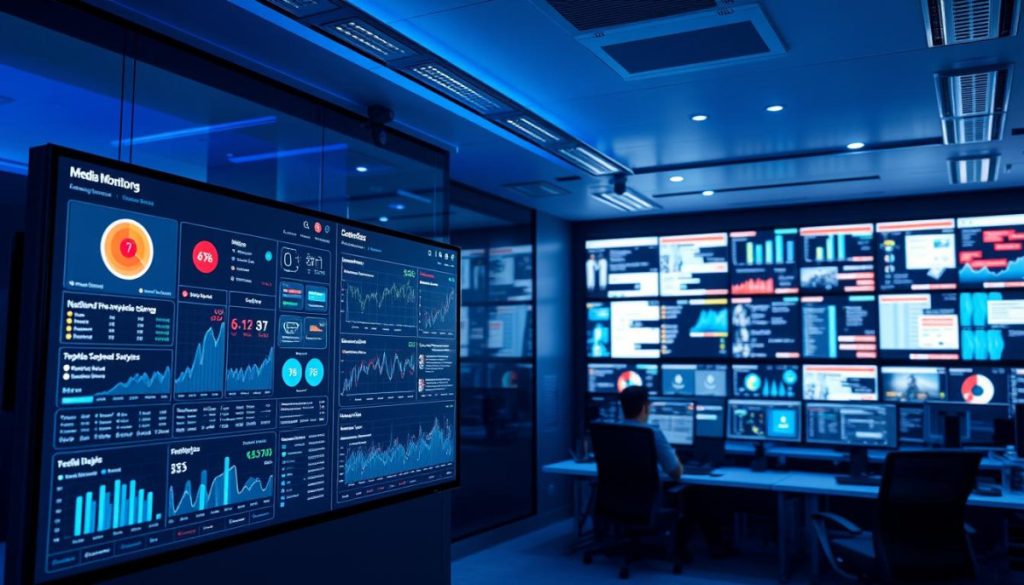 A Sleek, Modern Office Filled With An Array Of Digital Displays Showcasing Real-Time Data And Analytics. In The Foreground, A Large Touchscreen Panel Displays A Comprehensive Media Monitoring Dashboard, With Sentiment Analysis, Trending Topics, And Brand Mentions Across Various Online Platforms. The Middle Ground Features Data Visualization Screens, Displaying Intricate Graphs And Charts That Provide Deep Insights Into Media Coverage. In The Background, A Bank Of High-Resolution Monitors Continuously Scans News Sources, Social Media, And Other Digital Channels, Powered By Advanced Ai Algorithms That Detect And Analyze Every Mention Of The Brand. The Lighting Is Crisp And Clean, With A Subtle Blue Hue That Enhances The Technological Atmosphere. The Overall Scene Conveys The Seamless Integration Of Ai-Driven Media Monitoring, Offering Unparalleled Brand Reputation Management.