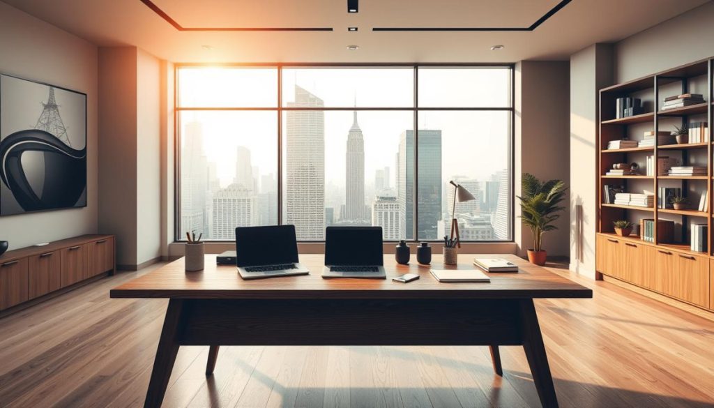 A Sleek, Modern Office Interior With A Large Wooden Desk In The Foreground. On The Desk, A Laptop, Tablet, And Other Business Accessories Neatly Arranged, Symbolizing The Dual-Purpose Nature Of The Content. The Background Features A Large Window Overlooking A Bustling Cityscape, Bathed In Warm, Natural Lighting. The Walls Are Adorned With Minimalist Artwork And Shelves Displaying Industry-Relevant Books And Materials. The Overall Atmosphere Conveys A Sense Of Professionalism, Efficiency, And The Strategic Value Of Creating Content That Serves Both Seo And Media Objectives.