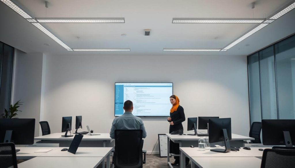 A Sleek, Modern Office Interior With Minimalist Desks, A Large Monitor Displaying A Dataset Preparation Interface, And A Developer Collaborating With A Data Scientist On Integrating An Api. Soft, Diffused Lighting From Overhead Fixtures Creates A Calm, Focused Atmosphere. The Scene Evokes A Sense Of Efficiency And Seamless Collaboration In Data-Driven Workflows.