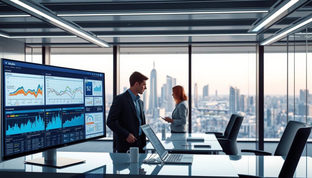 A Sleek, Modern Office Setting Showcases An Array Of Cutting-Edge Media Monitoring Tools. In The Foreground, A High-Resolution Dashboard Displays Real-Time Data And Analytics, Providing A Comprehensive View Of Brand Mentions Across Various Digital Channels. In The Middle Ground, A Team Of Analysts Scrutinizes The Information, Utilizing Advanced Ai-Powered Algorithms To Detect Sentiment, Identify Trends, And Anticipate Potential Reputation Threats. The Background Features A Panoramic View Of The Cityscape, Symbolizing The Global Reach And Interconnectedness Of Modern Media. Crisp Lighting, Clean Lines, And A Minimalist Aesthetic Evoke A Sense Of Efficiency And Innovation, Underscoring The Transformative Power Of Ai-Driven Media Monitoring Systems For Brands.