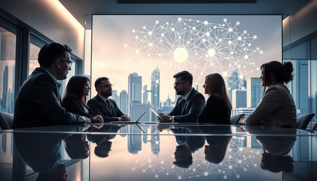 A Sleek, Modern Office Setting With A Large Digital Display Showcasing A Complex Network Diagram, Symbolizing The Interconnected Nature Of Digital Transformation. Soft, Directional Lighting Illuminates The Scene, Creating A Sense Of Focus And Urgency. The Foreground Features A Group Of Business Professionals Deep In Discussion, Their Expressions Conveying The Importance Of The Strategy They Are Developing. In The Background, A Cityscape With Towering Skyscrapers Represents The Global Scale Of Digital Transformation. Subtle Reflections In The Polished Surfaces Add Depth And A Sense Of Sophistication To The Overall Composition.
