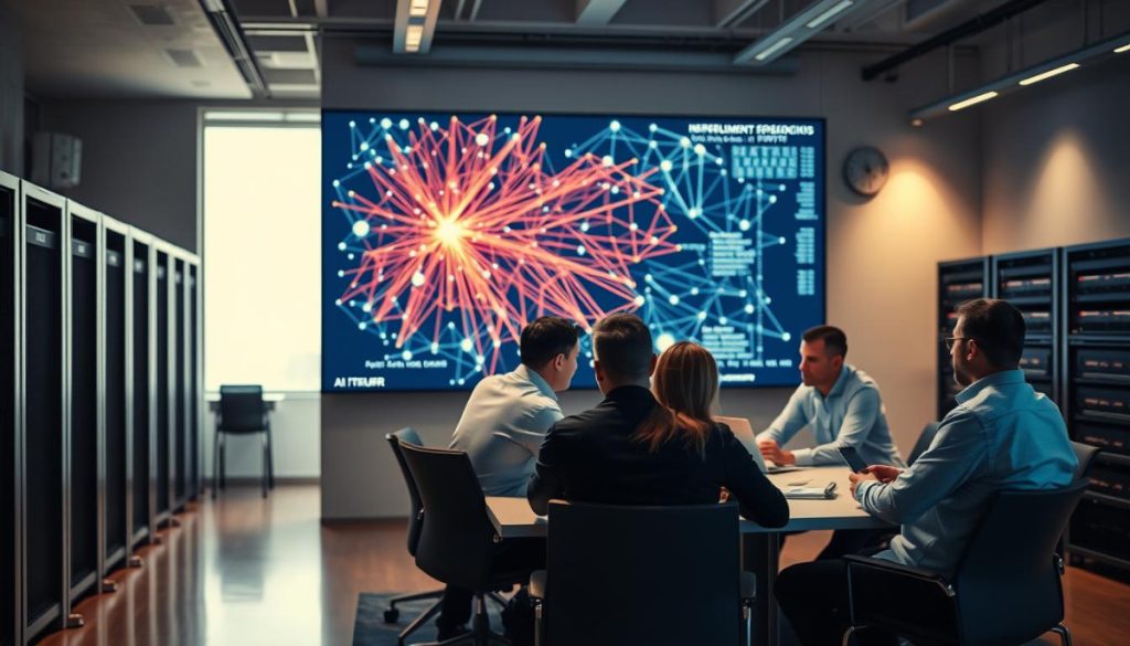A Sleek, Modern Office Setting With A Large Display Screen Showcasing A Complex Neural Network Visualization. In The Foreground, A Team Of Data Scientists And Ml Engineers Collaborating Around A Table, Discussing Deployment Strategies And Best Practices. Subtle Ambient Lighting Illuminates The Scene, Creating A Professional And Focused Atmosphere. The Background Features Neatly Arranged Server Racks And Network Equipment, Hinting At The Technical Infrastructure Supporting The Ai Deployment. The Overall Composition Conveys A Sense Of Expertise, Diligence, And A Commitment To Responsible And Effective Machine Learning Implementation.