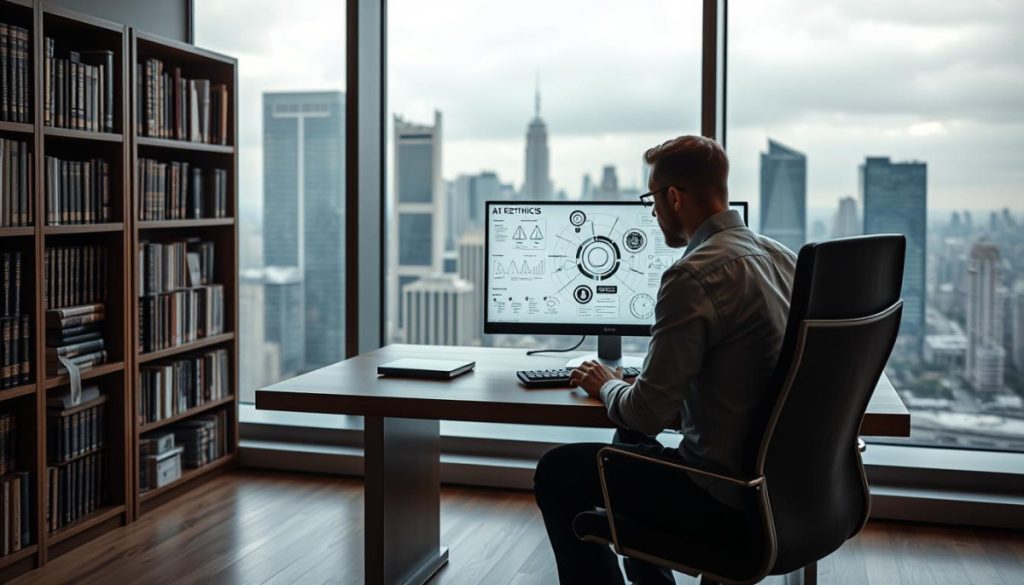 A Sleek, Modern Office Setting With A Large, Floor-To-Ceiling Window Overlooking A Bustling City Skyline. In The Foreground, A Wooden Desk Features A State-Of-The-Art Computer Monitor Displaying Intricate Diagrams And Schematics Related To Ai Regulatory Frameworks. Surrounding The Desk, Bookshelves Filled With Legal Tomes And Technical Manuals Create An Atmosphere Of Diligent Research And Scholarly Contemplation. Soft, Indirect Lighting Casts A Warm, Pensive Glow, Complementing The Pensive Expression Of The Ai Ethicist Seated At The Desk, Deeply Engrossed In Their Work To Ensure Responsible Ai Development And Deployment.