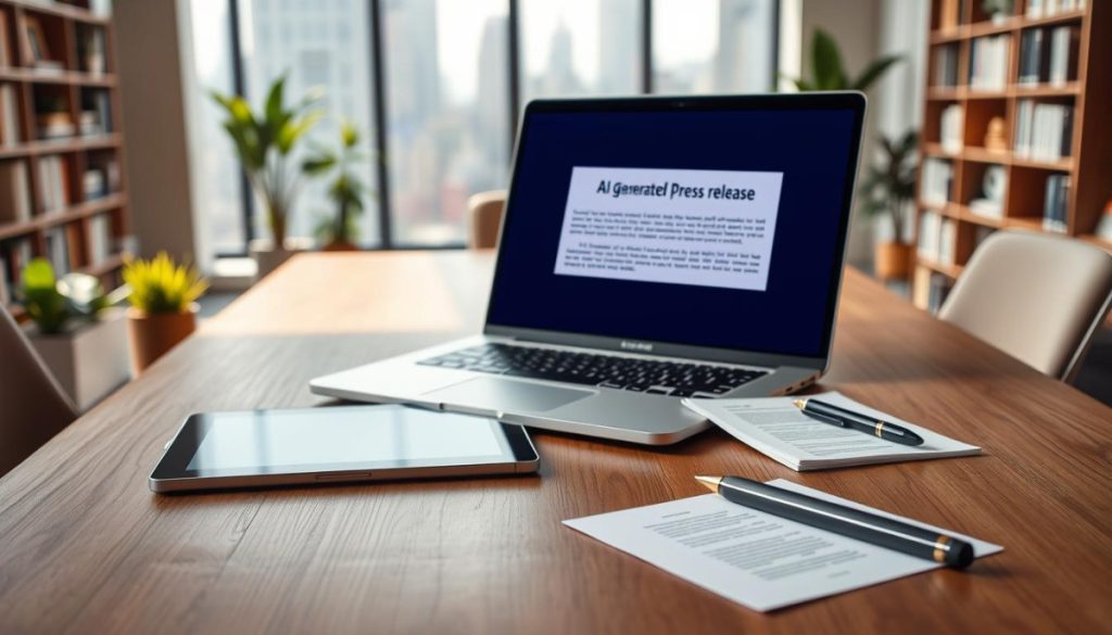 A Sleek, Modern Office Setting With A Large, Wooden Desk In The Foreground. On The Desk, An Open Laptop Displays An Ai-Generated Draft Press Release, Alongside Various Writing Tools And Implements - A Stylish Fountain Pen, A Tablet With A Digital Stylus, And A Few Sheets Of High-Quality Paper. The Background Is Softly Blurred, With Glimpses Of Bookshelves, Potted Plants, And A Window Overlooking A Bustling Cityscape. The Lighting Is Warm And Natural, Casting A Gentle Glow Over The Scene. The Overall Atmosphere Is One Of Productivity, Innovation, And The Seamless Integration Of Cutting-Edge Technology Into The Creative Process Of Crafting Impactful Press Communications. A Sleek, Modern Office Setting With A Large, Wooden Desk In The Foreground. On The Desk, An Open Laptop Displays An Ai-Generated Draft Press Release, Alongside Various Writing Tools And Implements - A Stylish Fountain Pen, A Tablet With A Digital Stylus, And A Few Sheets Of High-Quality Paper. The Background Is Softly Blurred, With Glimpses Of Bookshelves, Potted Plants, And A Window Overlooking A Bustling Cityscape. The Lighting Is Warm And Natural, Casting A Gentle Glow Over The Scene. The Overall Atmosphere Is One Of Productivity, Innovation, And The Seamless Integration Of Cutting-Edge Technology Into The Creative Process Of Crafting Impactful Press Communications.