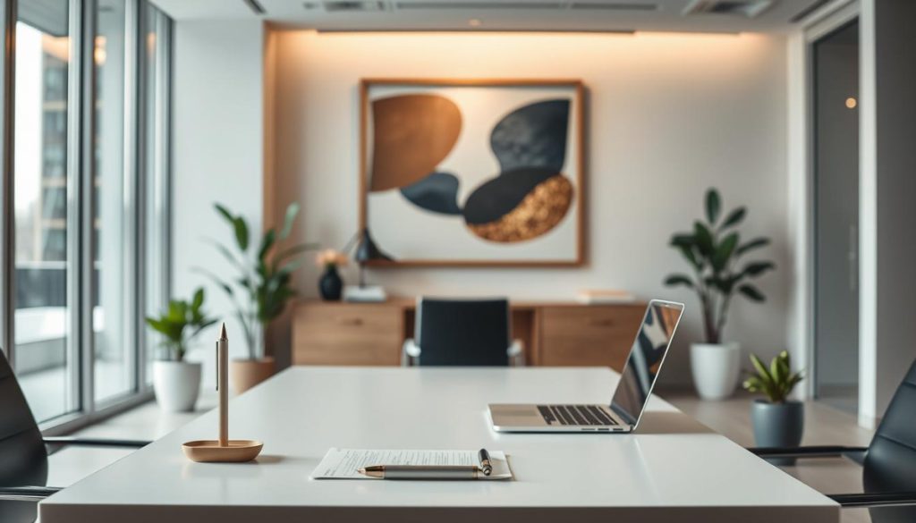 A Sleek, Modern Office Setting With A Warm, Inviting Atmosphere. In The Foreground, A Professional-Looking Desk With A Laptop, Pen, And Notepad Arranged Neatly. On The Desk, A Minimalist, Elegant Pen Holder And A Small Potted Plant Add A Touch Of Nature. The Middle Ground Features A Large, Framed Artwork On The Wall, Depicting Abstract Shapes And Textures In A Harmonious Color Palette That Complements The Office Decor. The Background Showcases Floor-To-Ceiling Windows, Allowing Natural Light To Flood The Space And Create A Sense Of Openness And Connectivity. The Overall Mood Is One Of Focused Productivity, Balanced With A Touch Of Sophistication And Creativity, Reflecting The Essence Of &Quot;Brand Voice In Marketing.&Quot;