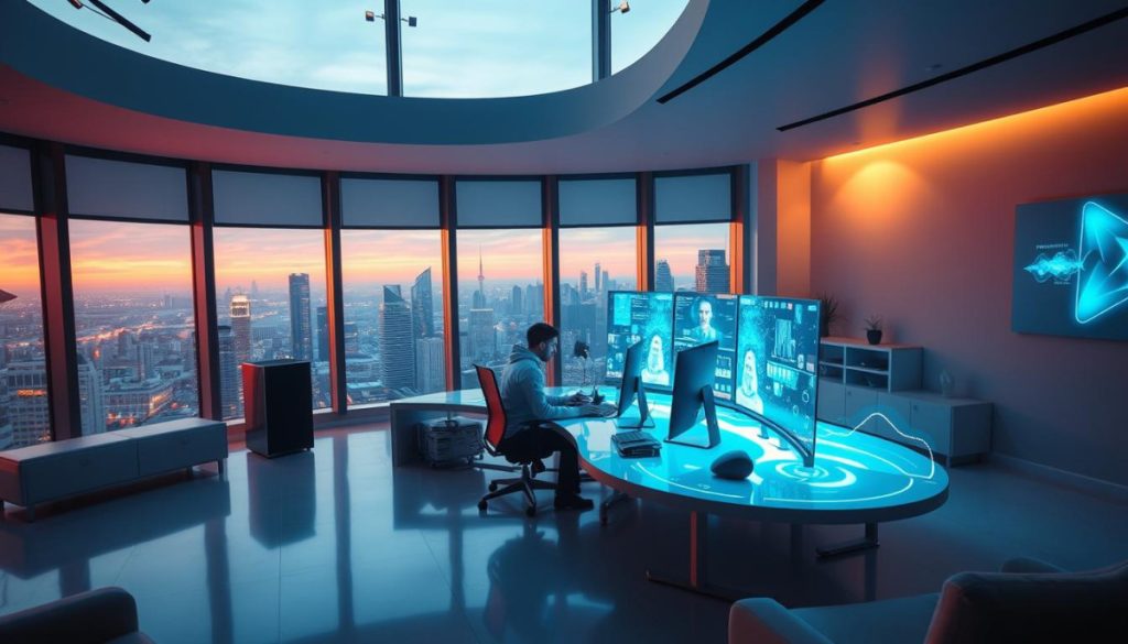 A Sleek, Modern Office Space With Floor-To-Ceiling Windows Overlooking A Bustling City Skyline. The Room Is Bathed In A Warm, Natural Light That Casts A Soft Glow On The Minimalist Furnishings. In The Center, A Large, Curved Desk With A State-Of-The-Art Computer Setup, Surrounded By Strategically Placed Displays And Holographic Projections. The Walls Are Adorned With Abstract Digital Art, Hinting At The Advanced Digital Marketing Expertise Within. A Sense Of Focus And Innovation Permeates The Scene, With The Occupant Of The Desk Deeply Engaged In Their Craft, Their Face Illuminated By The Glow Of The Screens. The Overall Atmosphere Conveys A Harmonious Blend Of Technology, Creativity, And A Deep Understanding Of The Digital Landscape.