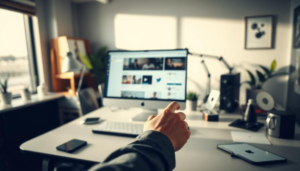 A Sleek, Modern Office Workspace With A Desk, Computer, And Various Productivity Tools. In The Foreground, A Person'S Hands Efficiently Navigating Through Social Media Management Apps, Automating Routine Tasks With A Few Clicks. Soft, Directional Lighting Casts Gentle Shadows, Creating A Focused And Efficient Atmosphere. The Background Features A Clean, Minimalist Decor With Subtle Hints Of Greenery, Conveying A Sense Of Calm Productivity. The Overall Scene Illustrates The Power Of Leveraging Ai And Automation To Streamline Social Media Management, Boosting Efficiency For Pr Professionals. A Sleek, Modern Office Workspace With A Desk, Computer, And Various Productivity Tools. In The Foreground, A Person'S Hands Efficiently Navigating Through Social Media Management Apps, Automating Routine Tasks With A Few Clicks. Soft, Directional Lighting Casts Gentle Shadows, Creating A Focused And Efficient Atmosphere. The Background Features A Clean, Minimalist Decor With Subtle Hints Of Greenery, Conveying A Sense Of Calm Productivity. The Overall Scene Illustrates The Power Of Leveraging Ai And Automation To Streamline Social Media Management, Boosting Efficiency For Pr Professionals.