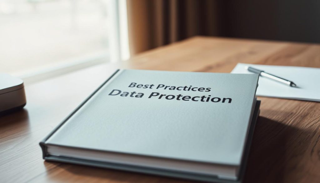 A Sleek, Professional-Looking Hardcover Book With A Matte, Embossed Cover Displaying The Title &Quot;Best Practices Guide For Data Protection&Quot; In A Clean, Bold Font. The Book Is Resting On A Modern, Minimalist Wooden Desk, Illuminated By A Soft, Diffused Light From A Large Window Behind It. The Desk Surface Is Clear, With A Few Simple Office Supplies Neatly Arranged. The Overall Scene Conveys A Sense Of Organization, Attention To Detail, And An Authoritative, Trustworthy Tone Suitable For A Comprehensive Data Protection Guide.