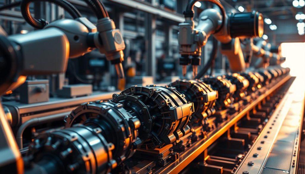 A Sophisticated Computer Vision System Inspects Intricate Mechanical Parts On An Industrial Assembly Line. The Scene Is Bathed In Warm, Directional Lighting That Casts Crisp Shadows, Highlighting The Complex Shapes And Textures. Robotic Arms Precisely Manipulate The Components, While High-Resolution Cameras Capture Data For Real-Time Defect Detection Algorithms. The Overall Atmosphere Conveys A Sense Of Advanced Automation, Precision Engineering, And The Seamless Integration Of Cutting-Edge Ai Technology Within A Modern Manufacturing Environment.