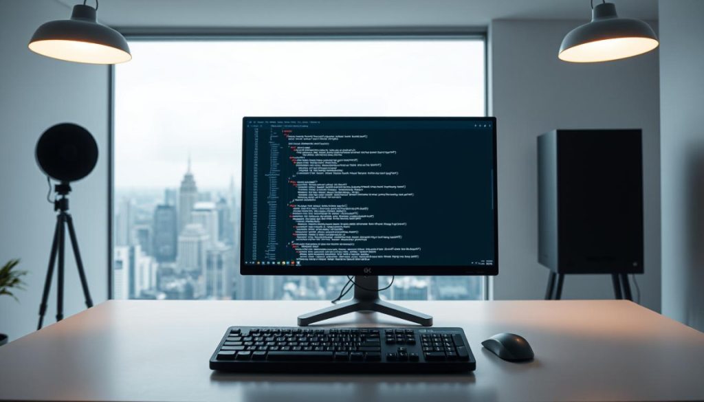 A Spacious, Well-Lit Software Development Workstation Set Against A Minimalist Backdrop. A Sleek, High-Resolution Monitor Displays Lines Of Code On Its Screen, While A Mechanical Keyboard And A Precision Mouse Sit On A Clutter-Free Desk. Soft, Diffused Lighting From Overhead Lamps Casts A Warm Glow, Creating A Focused And Productive Atmosphere. In The Background, A Large Window Overlooks A Bustling City Skyline, Hinting At The Global Impact Of The Work Being Done. The Scene Conveys A Sense Of Technological Prowess, Seamless Integration, And The Potential For Groundbreaking Innovation.