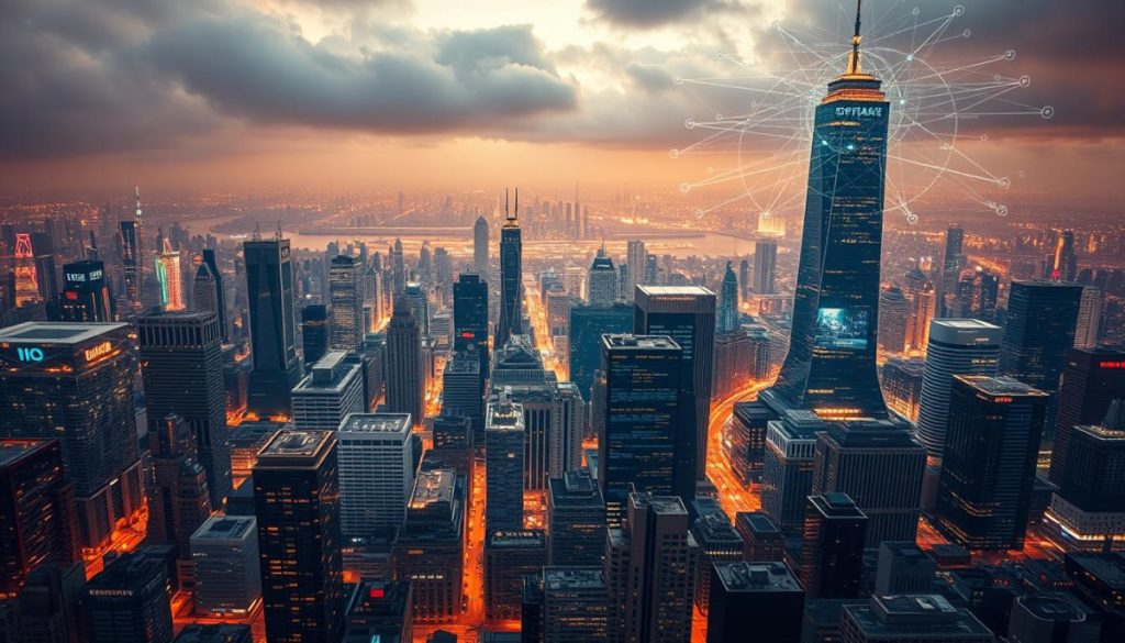 A Sprawling Cityscape, Its Skyscrapers And Infrastructure Pulsing With The Energy Of Digital Transformation. In The Foreground, A Mosaic Of Interconnected Devices And Networks, Their Screens And Interfaces Casting A Warm, Futuristic Glow. The Middle Ground Is Dominated By A Network Of Data Streams, Visualization Dashboards, And Analytical Tools, Showcasing The Insights Driving Strategic Decisions. In The Background, A Towering Digital Command Center, Its Screens And Holographic Displays Mapping The Complexities Of The Modern Business Landscape. The Scene Is Illuminated By A Warm, Diffused Lighting, Creating A Sense Of Depth And Dynamism. Captured Through The Lens Of A High-Resolution Camera, The Image Conveys The Power And Potential Of Digital Transformation Strategies In Business Operations.