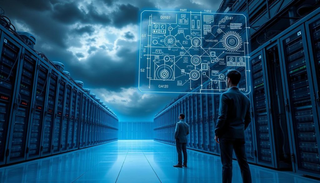 A Sprawling Data Center, Its Cooling Towers And Server Racks Visible Against A Stormy Sky. In The Foreground, An Executive Stands Contemplatively, Gazing At A Holographic Risk Matrix Suspended In The Air Before Them. Streams Of Data Flow Between Nodes, Highlighting Interconnected Systems And Potential Vulnerabilities. The Scene Is Bathed In A Cool, Blue-Tinted Light, Conveying A Sense Of Cautious Contemplation. Intricate, Technical Details Abound, From The Complex Wiring To The Blinking Status Indicators, Evoking The Delicate Balance Of Power And Risk Management In Advanced Ai Systems. A Sprawling Data Center, Its Cooling Towers And Server Racks Visible Against A Stormy Sky. In The Foreground, An Executive Stands Contemplatively, Gazing At A Holographic Risk Matrix Suspended In The Air Before Them. Streams Of Data Flow Between Nodes, Highlighting Interconnected Systems And Potential Vulnerabilities. The Scene Is Bathed In A Cool, Blue-Tinted Light, Conveying A Sense Of Cautious Contemplation. Intricate, Technical Details Abound, From The Complex Wiring To The Blinking Status Indicators, Evoking The Delicate Balance Of Power And Risk Management In Advanced Ai Systems.