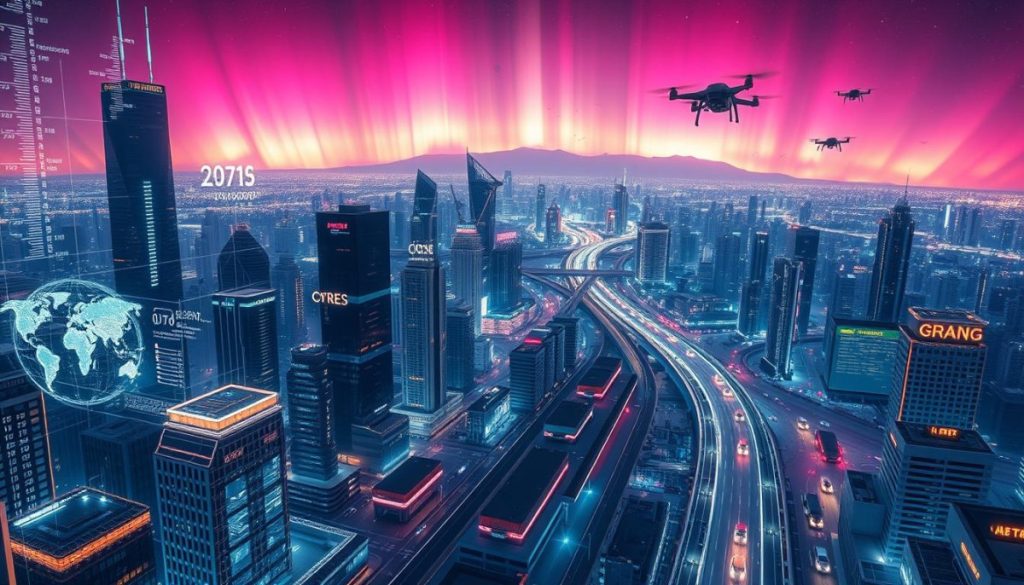 A Sprawling Digital Metropolis Stretches Out Before The Viewer, A Futuristic Cityscape With Towering Skyscrapers And Sleek, Interconnected Infrastructure. In The Foreground, Holographic Displays And Data Visualizations Float In The Air, Showcasing The Latest Advancements In Technology And Connectivity. The Middle Ground Is Filled With Sleek, Autonomous Vehicles Gliding Along Gleaming, Neon-Lit Streets, While Drones And Flying Cars Dart Through The Sky Above. In The Background, A Vibrant, Almost Luminescent Aurora Borealis Dances Across The Night Sky, Casting An Otherworldly Glow Over The Entire Scene. The Overall Mood Is One Of Innovation, Progress, And A Seamless Integration Of The Digital And Physical Realms, Creating A Vision Of A Future-Ready, Hyper-Connected World.