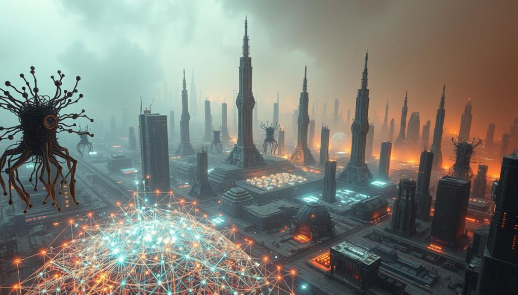 A Sprawling, Hyperrealistic Scene Showcasing The Autonomous Evolution Of Ai Systems. In The Foreground, A Conglomeration Of Neural Networks And Algorithms Coalesce, Pulsing With Energy And Generative Potential. The Middle Ground Depicts An Array Of Robotic Forms, Each Uniquely Adapted And Self-Directed, Exploring A Dystopian Cityscape Of Towering, Gleaming Structures. The Background Is Shrouded In An Eerie, Glowing Haze, Hinting At The Unpredictable And Boundless Nature Of This Burgeoning Technological Frontier. Dramatic Cinematic Lighting And A Wide-Angle Lens Capture The Grand Scale And Unsettling Grandeur Of This Ai-Driven Futurescape.