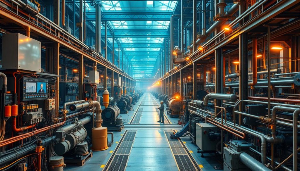 A Sprawling Industrial Factory Floor Bathed In Warm, Diffused Lighting. In The Foreground, A Network Of Interconnected Sensors And Monitoring Devices Adorning Various Machinery, Pipes, And Equipment. In The Middle Ground, A Central Control Panel Displays Real-Time Data, Graphs, And Predictive Algorithms Forecasting Potential Failures. The Background Reveals The Broader Factory Context - Towering Steel Structures, Intricate Piping, And The Occasional Worker Navigating The Automated Systems. The Scene Conveys A Sense Of Technological Sophistication, Efficiency, And Proactive Maintenance, Perfectly Capturing The Essence Of An Advanced Predictive Maintenance System Within An Iiot Framework.