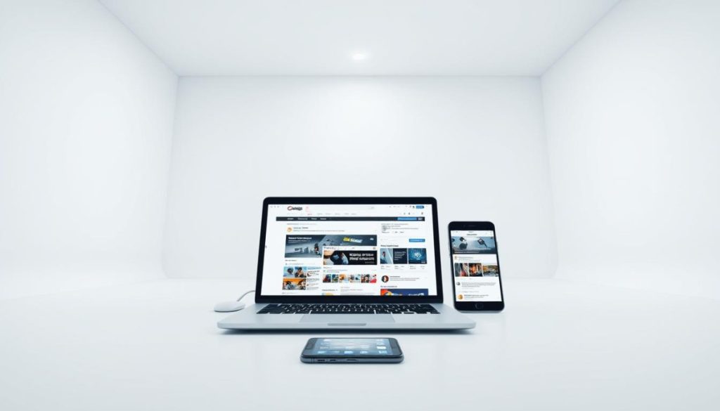 A Stark White Studio Space, Brightly Lit From Above. In The Foreground, A Sleek, Modern Laptop Open, Displaying Various Social Media Platforms And Web Pages, Symbolizing The Repurposing Of Content Across Digital Channels. In The Middle Ground, A Smartphone And Tablet Are Arranged, Mirroring The Laptop'S Display, Creating A Visual Metaphor For Cross-Platform Content Distribution. The Background Features A Minimalist, Geometric Wall, Adding A Sense Of Order And Intentionality To The Scene. The Overall Composition Conveys A Clinical, Professional Atmosphere, Emphasizing The Efficiency And Deliberation Of The Cross-Platform Pr Repurposing Process.