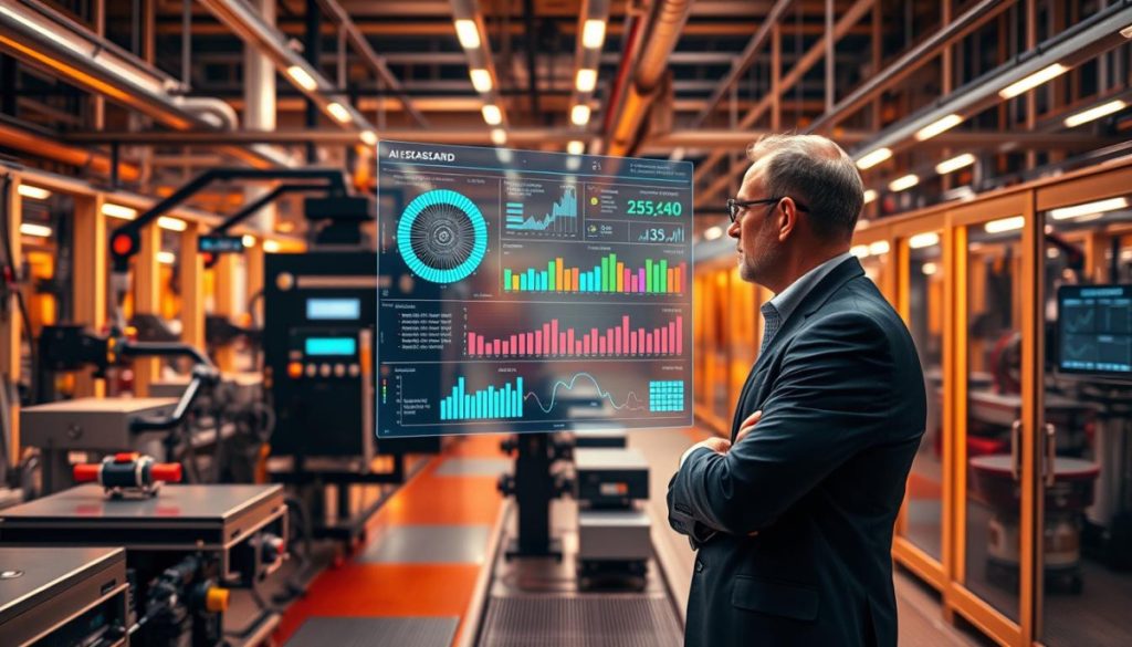 A State-Of-The-Art Factory Interior, Bathed In Warm, Diffuse Lighting. Sleek, Automated Machinery Operates With Precision, Its Movements Choreographed To Maximize Efficiency. Vibrant, Color-Coded Displays Showcase Real-Time Performance Metrics, Providing Deep Insights Into Operational Cost-Savings. In The Foreground, An Executive Reviews A Holographic Dashboard, Thoughtfully Analyzing The Data To Identify Opportunities For Further Ai-Driven Optimization. The Atmosphere Is One Of Scientific Progress And Technological Prowess, Underscoring The Transformative Role Of Ai In Driving Modern Business Strategies.