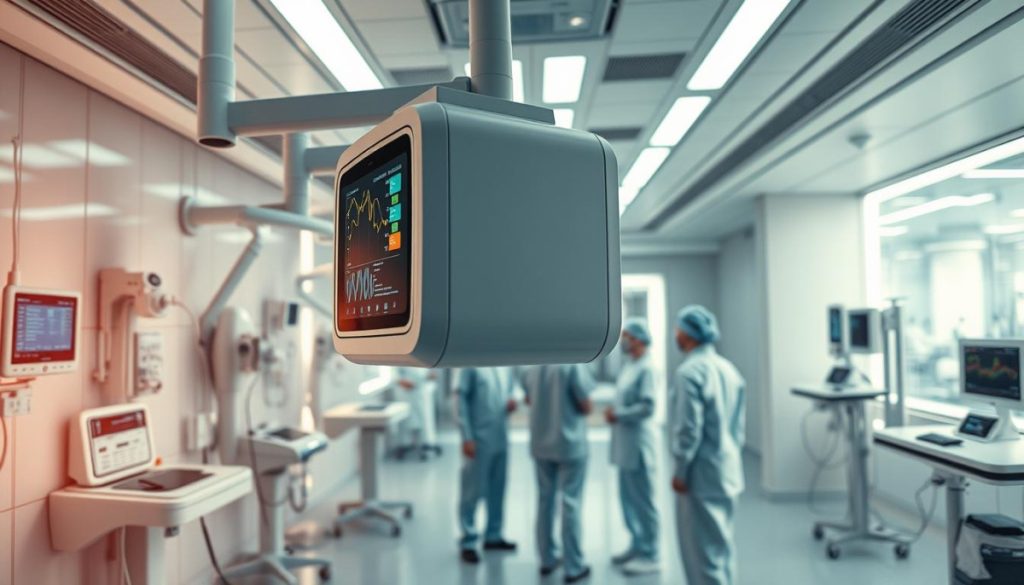 A State-Of-The-Art Hospital Room Bathed In Soft, Indirect Lighting. In The Foreground, A Sleek, High-Tech Medical Device Hovers, Its Display Showing Real-Time Data And Diagnostics. Surrounding It, A Array Of Advanced Monitoring Equipment, Seamlessly Integrated Into The Clinical Environment. In The Middle Ground, A Team Of Healthcare Professionals In Crisp, Sterile Uniforms, Intently Examining The Readouts And Collaborating On The Next Steps. The Background Reveals A Panoramic View Of The Bustling Hospital, Advanced Robotic Systems And Cutting-Edge Diagnostics Seamlessly Woven Into The Daily Operations. An Atmosphere Of Precision, Innovation, And Unwavering Dedication To Patient Care.