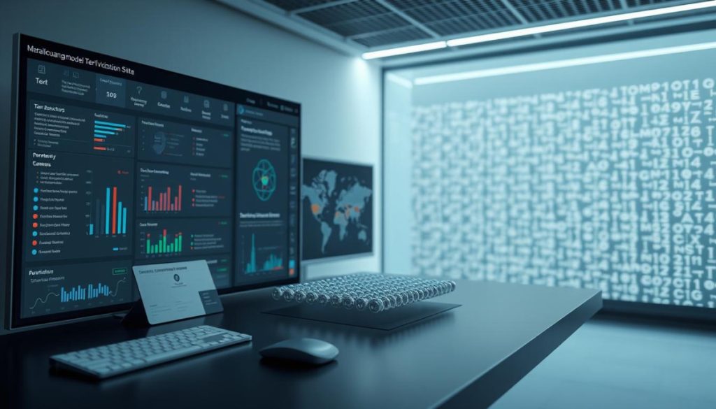 A State-Of-The-Art Large Language Model Verification Suite, Featuring A Sleek And Intuitive Dashboard. The Foreground Showcases Various Diagnostic Tools - Text Detectors, Perplexity Analyzers, And Semantic Coherence Evaluators - Arrayed In A Modern, Minimalist Layout. The Middle Ground Presents An Interactive 3D Model Visualization, Allowing For Granular Inspection Of The Inner Workings. In The Background, A Matrix Of Neural Network Architectures And Hyperparameters Subtly Fade Into The Distance, Hinting At The Complexity Of The Verification Process. Soft, Directional Lighting Casts A Contemplative Atmosphere, While A Shallow Depth Of Field Keeps The Focus On The Essential Elements. The Overall Aesthetic Conveys A Sense Of Technological Sophistication And Rigorous, Data-Driven Analysis.