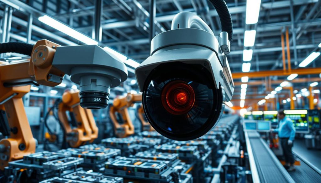 A State-Of-The-Art Manufacturing Facility, Filled With Gleaming Metal Machinery And Robotic Arms That Precisely Inspect Assembled Products. Bright Overhead Lighting Casts A Crisp, Clinical Glow, Highlighting The Intricate Details Of The Components Under Scrutiny. In The Foreground, A High-Resolution Camera Meticulously Scans Each Item, Its Advanced Computer Vision Algorithms Detecting The Slightest Imperfections. The Middle Ground Reveals A Control Panel Where Technicians Monitor The Inspection Process, Their Faces Illuminated By The Glow Of Detailed Analytics Dashboards. In The Background, The Bustling Production Line Hums With Efficiency, Testament To The Transformative Power Of Ai-Driven Quality Control.