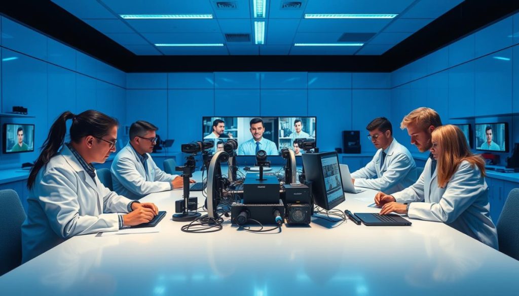 A State-Of-The-Art Research Lab, Bathed In Cool Blue Lighting, Contains A Large Conference Table. Atop The Table, An Array Of Advanced Ai Detection Tools Are Meticulously Arranged - Cameras, Scanners, And Analysis Software Displayed On High-Resolution Monitors. Scientists In White Coats Closely Examine The Data, Their Expressions Intense As They Search For Telltale Signs Of Digital Manipulation. The Room'S Atmosphere Is One Of Focused Determination, As This Team Works Tirelessly To Stay Ahead Of The Rapidly Evolving Deepfake Threat.