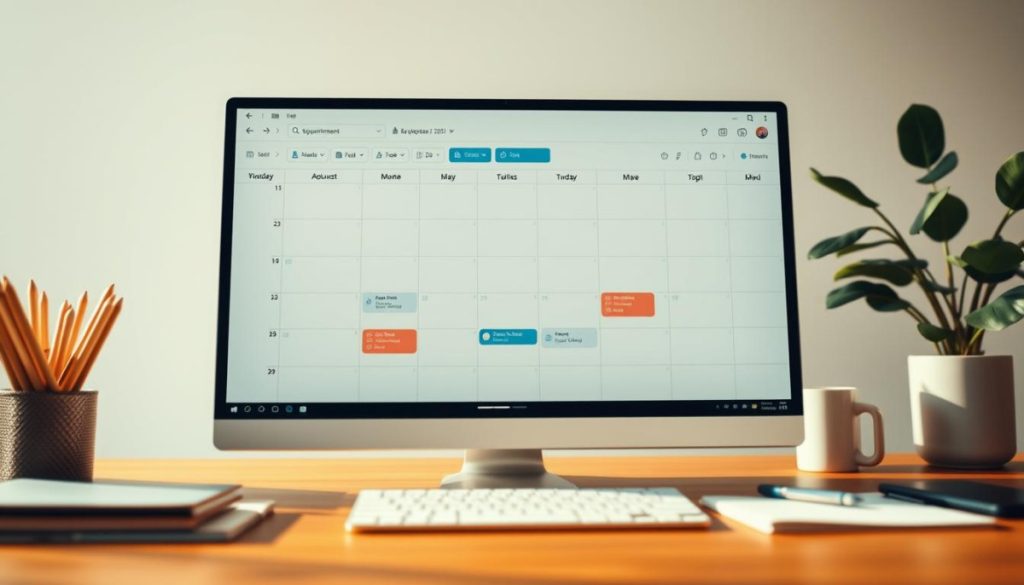 A Streamlined Calendar Interface Showcasing Organized Appointment Slots, Intuitive Scheduling Tools, And A Clean, Minimalist Aesthetic. The Scene Is Bathed In Warm, Natural Lighting, Captured Through A Wide-Angle Lens That Provides A Comprehensive View Of The Desktop Setup. The Calendar Is The Central Focus, Surrounded By Subtly Blurred Office Supplies And A Potted Plant, Creating A Sense Of Balance And Productivity. The Overall Mood Is One Of Efficiency, Simplicity, And A Professional, Business-Oriented Atmosphere.
