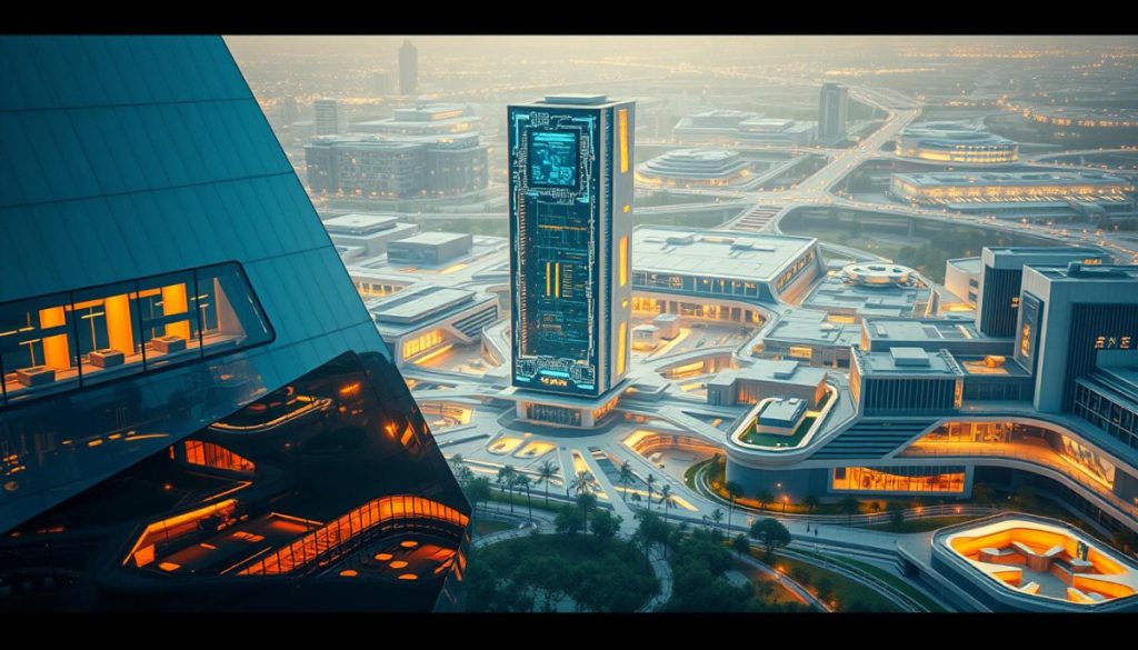 A Striking Architectural Landscape Showcasing The Latest Advancements In Ai Technology. In The Foreground, A Sleek, Angular Building With Metallic Panels And Geometric Windows Reflects The Surrounding Environment. Towering In The Middle Ground, A Central Structure Resembles A Futuristic Supercomputer, Its Intricate Circuits And Glowing Interfaces Visible Through Its Transparent Facade. In The Background, A Network Of Interconnected Buildings And Walkways Suggest A Bustling, High-Tech Campus, With Sleek, Minimalist Designs And An Emphasis On Clean Lines And Efficient Use Of Space. The Scene Is Bathed In A Warm, Ambient Lighting, Creating A Sense Of Cutting-Edge Innovation And Progress. The Overall Impression Is One Of A Visionary, State-Of-The-Art Ai Architecture That Seamlessly Blends Form And Function.