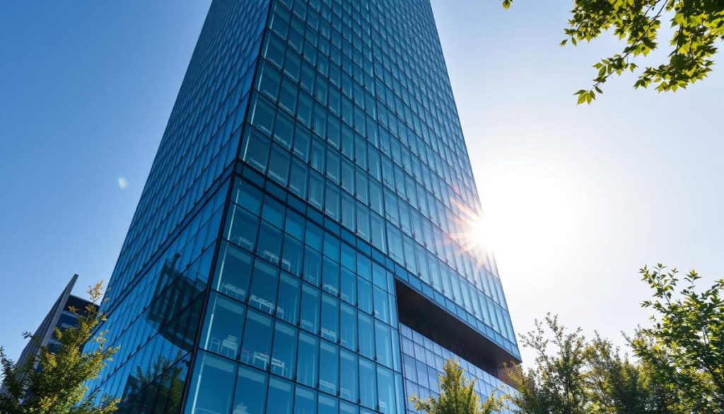 A Striking Contemporary Office Building Stands Tall, Its Sleek Glass Facade Gleaming In The Sunlight. Intricate Architectural Details And A Carefully Considered Layout Create A Harmonious, Sustainable Workspace. Abundant Greenery And Natural Light Fill The Interior, Fostering A Productive And Healthy Environment. The Building'S Intelligent Systems, Including Advanced Climate Control And Energy Management, Seamlessly Integrate Technology To Optimize Efficiency And Minimize Environmental Impact. Captured From A Low Angle, The Structure'S Imposing Yet Elegant Presence Commands Attention, Showcasing Amsterdam'S Commitment To Innovative, Eco-Friendly Design. A Prime Example Of Sustainable Architecture, &Quot;The Edge&Quot; Embodies The Forward-Thinking Spirit Of Modern Office Spaces.