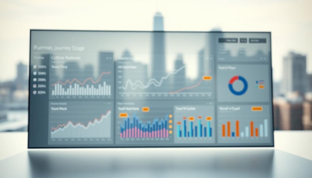 A Striking Data Visualization Dashboard Showcasing Key Journey Stage Metrics. In The Foreground, A Sleek, Minimalist Interface With Clean Lines And A Neutral Color Palette. Crisp, High-Resolution Graphs And Charts Present Customer Insights In An Easy-To-Digest Format. The Middle Ground Features Dynamic Data Points And Visualizations, With Pops Of Color Highlighting Critical Touchpoints. Subtle Depth-Of-Field Blur Creates A Sense Of Depth And Focus. In The Background, A Softly Blurred City Skyline Sets The Scene, Conveying A Professional, Corporate Atmosphere. The Overall Mood Is One Of Clarity, Precision, And Strategic Decision-Making. Lighting Is Natural And Directional, Casting Subtle Shadows And Highlights To Enhance The Sense Of Depth And Dimensionality.