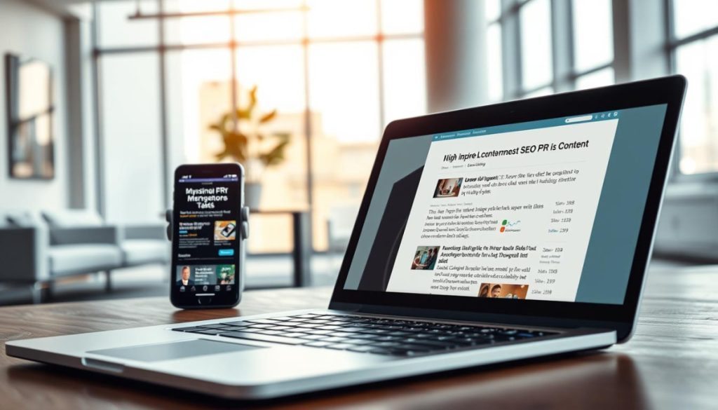 A Striking, Hyperrealistic Image Of &Quot;High-Impact Seo Pr Content&Quot;. In The Foreground, A Laptop Screen Displays A Polished, Data-Driven Article With A Compelling Headline And Subheadings. The Content Is Supported By High-Quality, Visually-Engaging Images And Graphics. In The Middle Ground, A Smartphone Displays Social Media Shares And Digital Pr Metrics, Highlighting The Content'S Impressive Online Engagement. The Background Features A Modern, Minimalist Office Setting With Sleek Furniture And Large Windows, Conveying A Sense Of Professional Authority And Digital Sophistication. The Overall Scene Is Illuminated By A Warm, Natural Light, Creating A Mood Of Productivity, Credibility, And Digital Marketing Success.