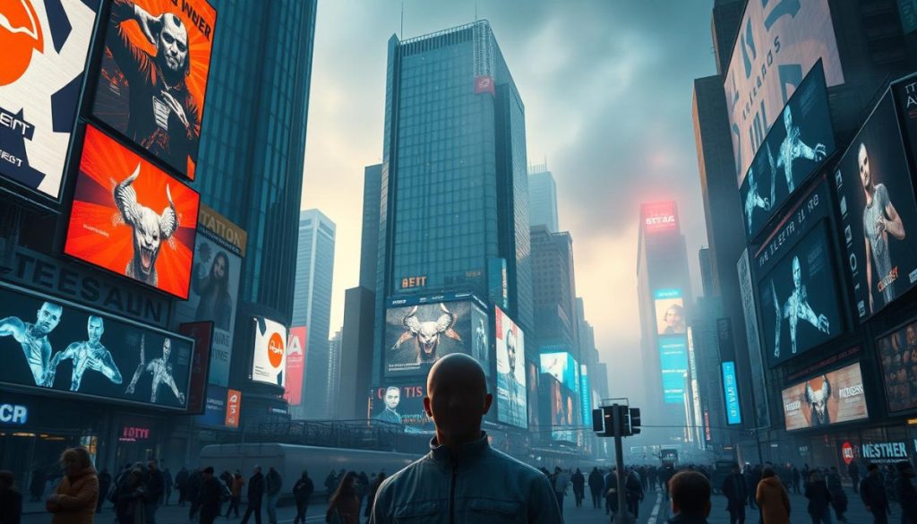 A Striking, Photorealistic Cityscape Set In A Dystopian Future, Where Towering Skyscrapers And Advanced Technological Infrastructure Are Juxtaposed With Ominous, Ai-Generated Billboards And Digital Signage. The Foreground Depicts A Lone, Faceless Individual, Overwhelmed By The Pervasive Presence Of Artificial Content. The Middle Ground Showcases A Bustling Urban Environment, With Citizens Seemingly Oblivious To The Underlying Ai-Driven Manipulation. The Background Is Shrouded In A Hazy, Ominous Atmosphere, Conveying A Sense Of Unease And The Far-Reaching Impact Of Ai-Generated Content On The Social Fabric. Dramatic Lighting, With A Combination Of Warm And Cool Tones, Creates A Sense Of Depth And Foreboding. The Overall Scene Aims To Evoke A Powerful Visual Metaphor For The Challenges Of Content Authenticity Verification In The Age Of Ai.